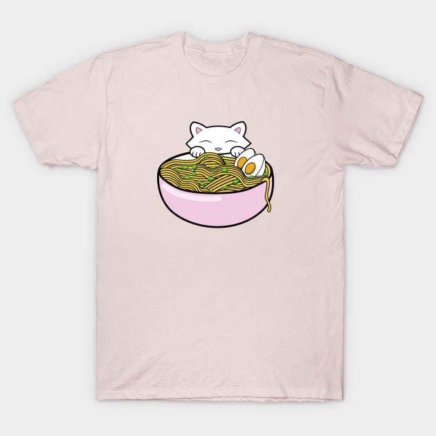 Funny cat eating yummy ramen noodles T-Shirt by Purrfect